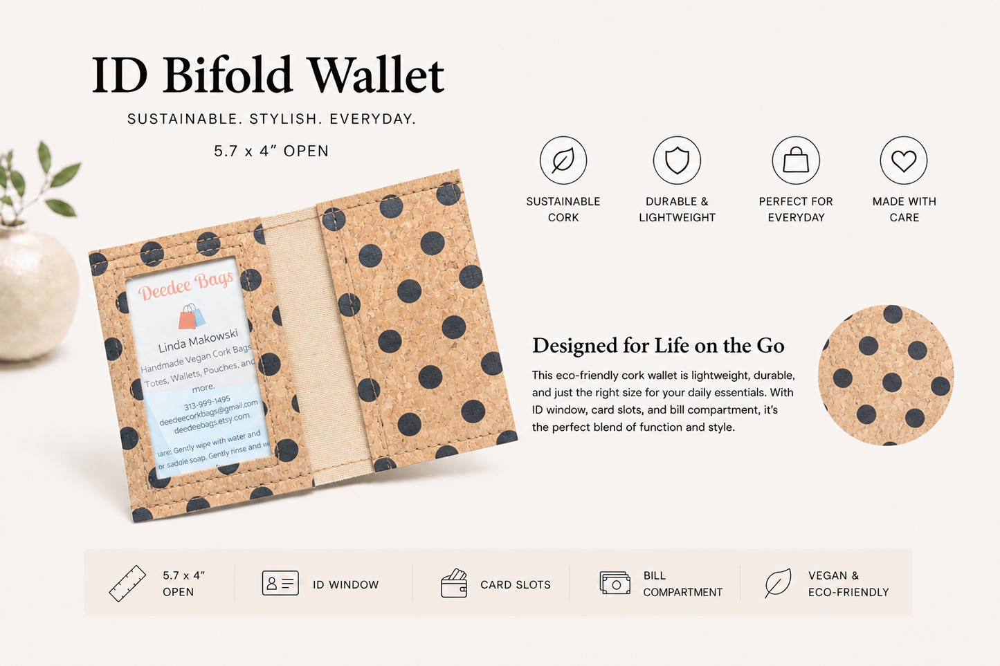 Bi-Fold/ID Cork Wallet -  Vegan - Handmade - Sustainable - Choose your fabric