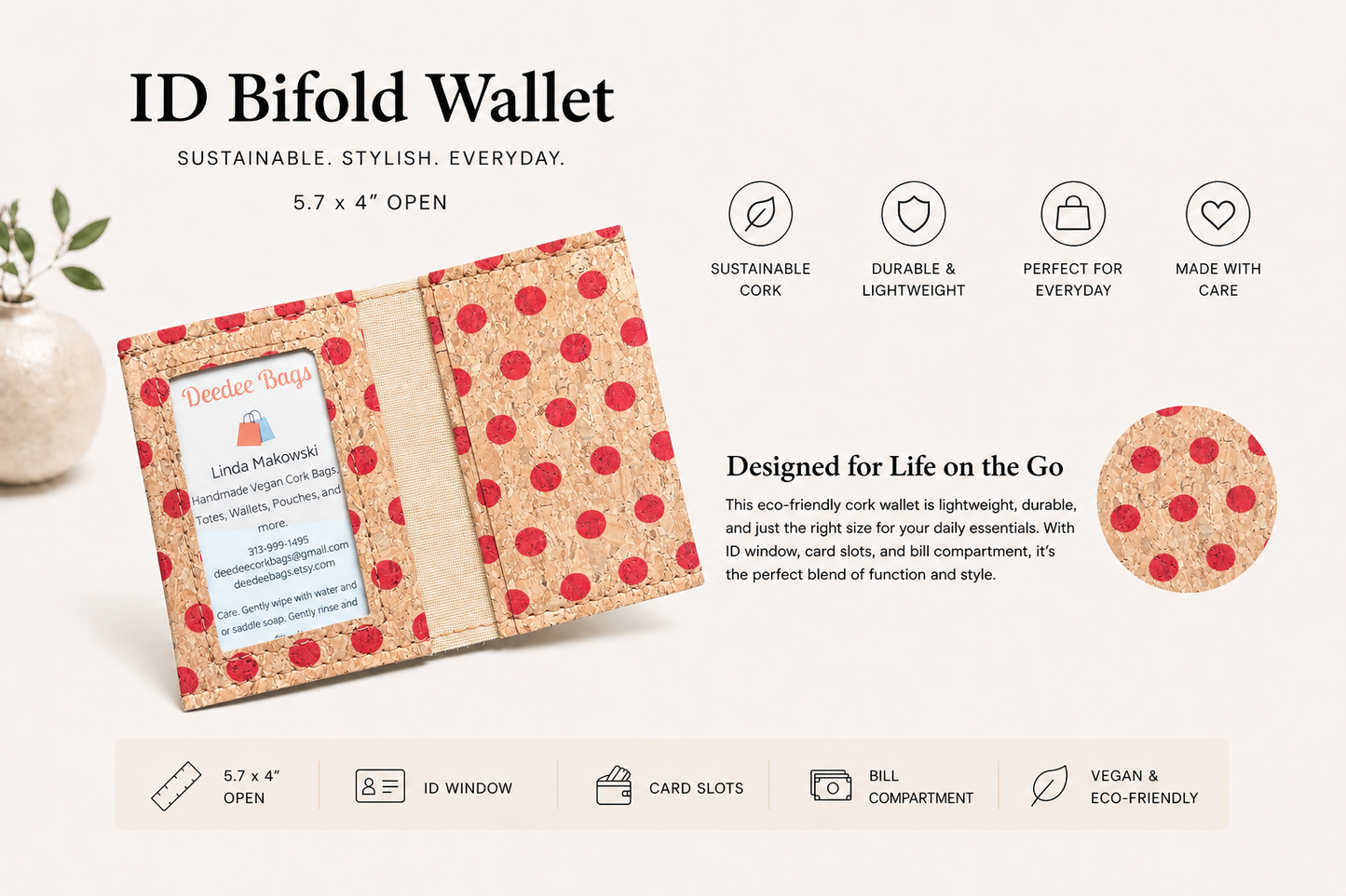 Bi-Fold/ID Cork Wallet -  Vegan - Handmade - Sustainable - Choose your fabric
