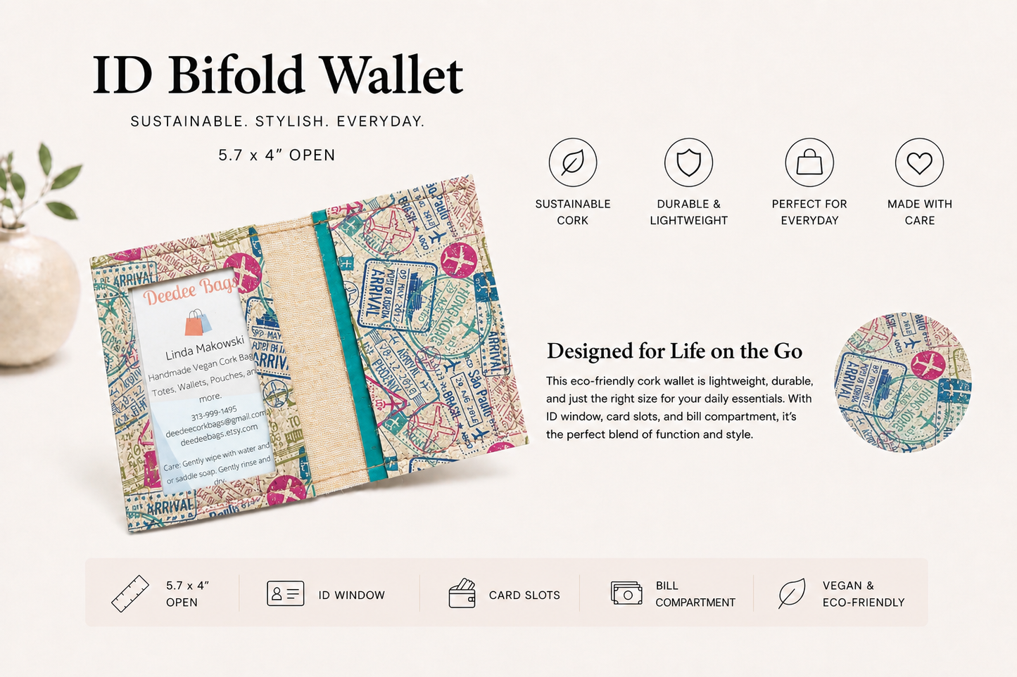 Bi-Fold/ID Cork Wallet -  Vegan - Handmade - Sustainable - Choose your fabric