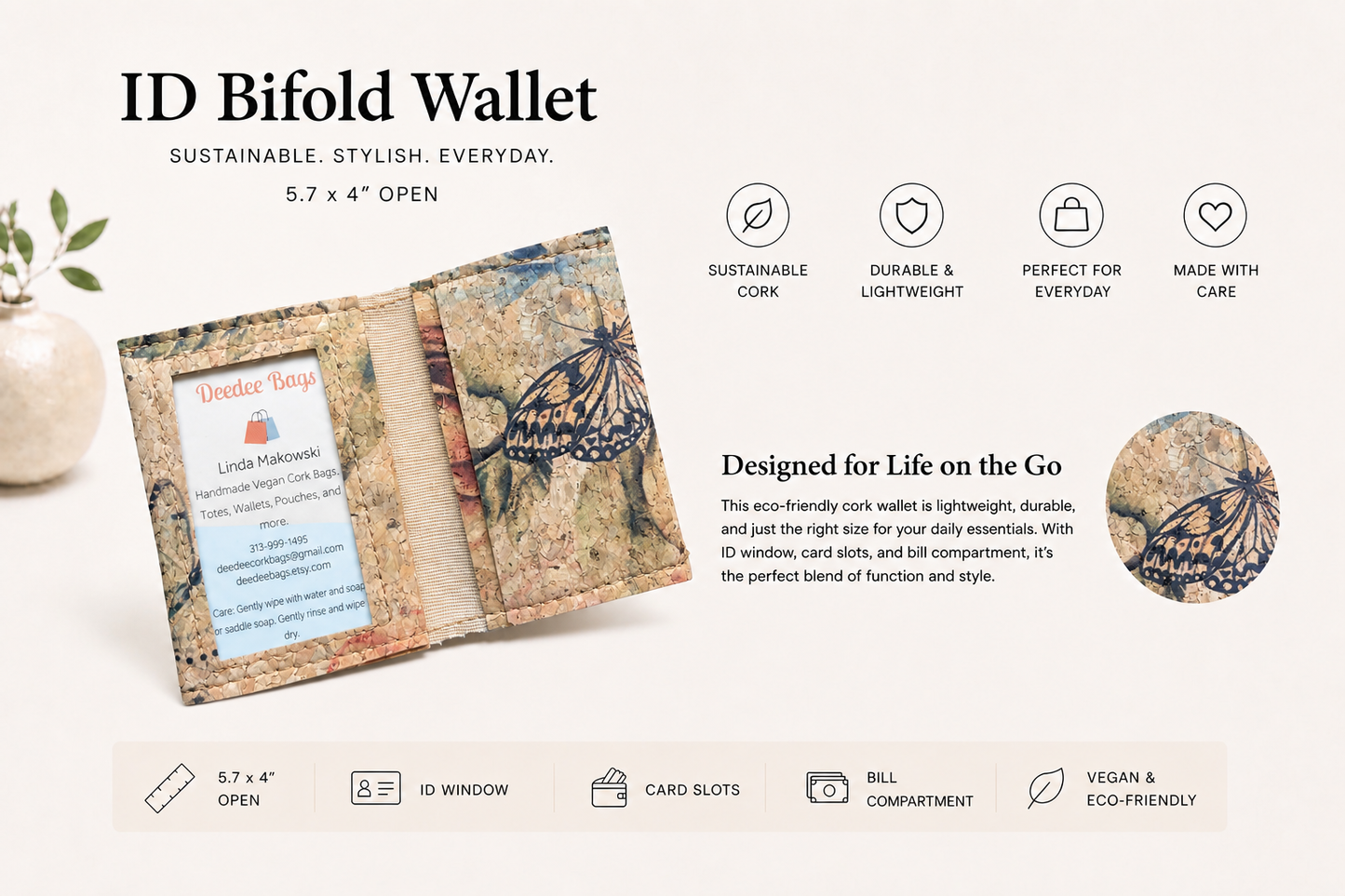 Bi-Fold/ID Cork Wallet -  Vegan - Handmade - Sustainable - Choose your fabric