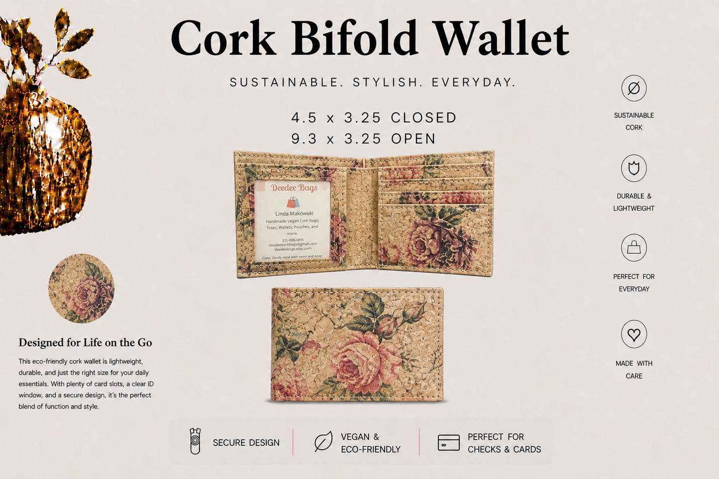Bi-Fold Cork Wallet - Vegan - Handmade - ID Window