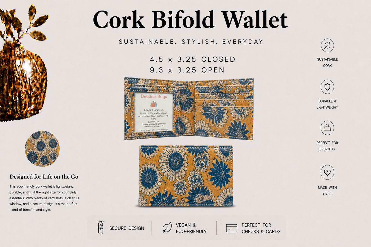 Bi-Fold Cork Wallet - Vegan - Handmade - ID Window