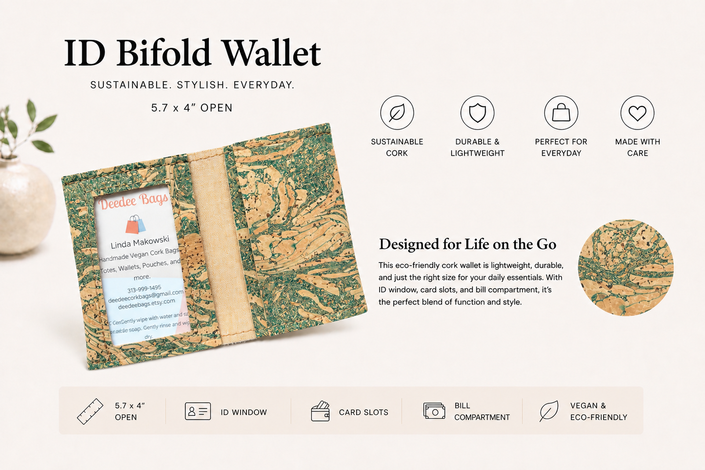Bi-Fold/ID Cork Wallet -  Vegan - Handmade - Sustainable - Choose your fabric