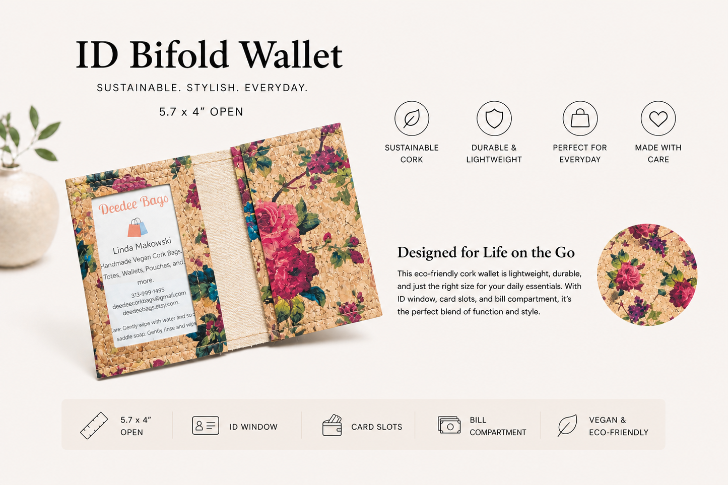 Bi-Fold/ID Cork Wallet -  Vegan - Handmade - Sustainable - Choose your fabric