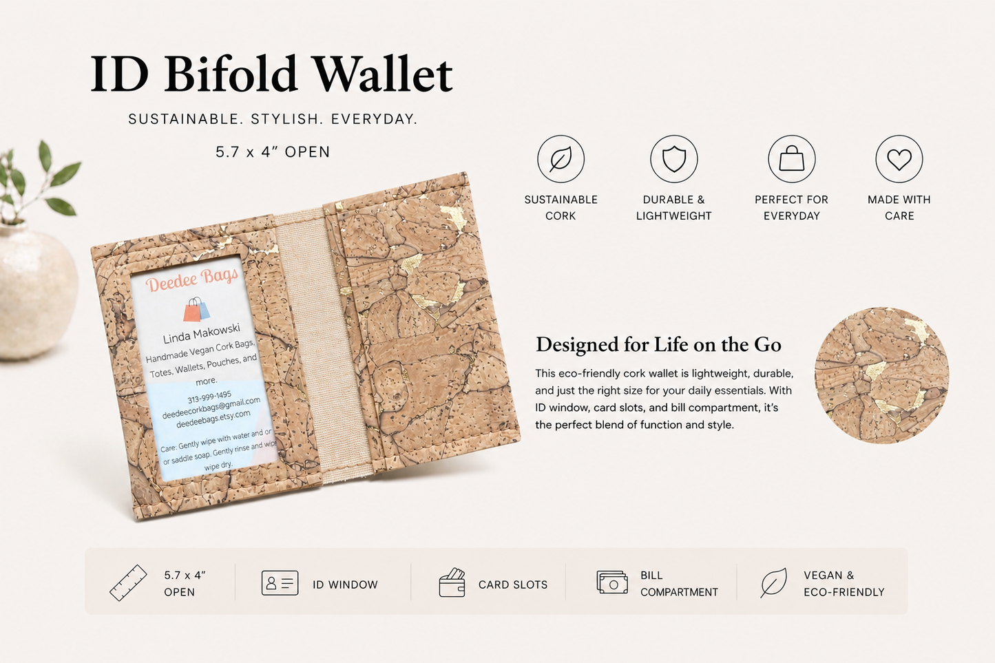 Bi-Fold/ID Cork Wallet -  Vegan - Handmade - Sustainable - Choose your fabric