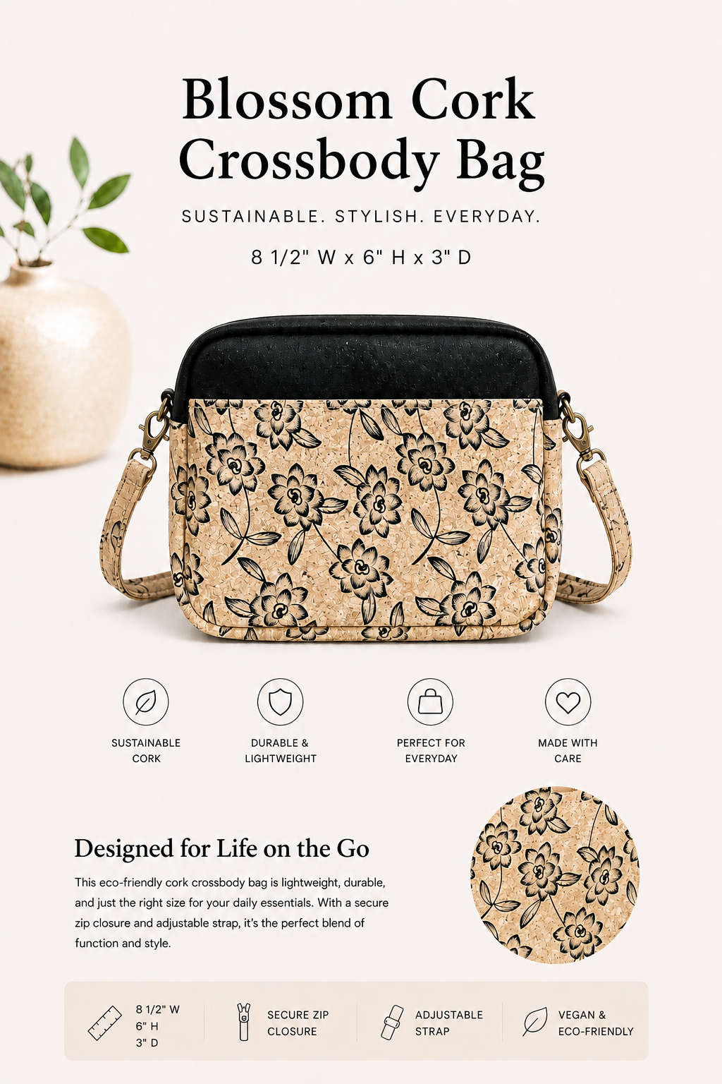 Blossom Cork Crossbody Bag - Handmade - Vegan -  Adjustable Strap