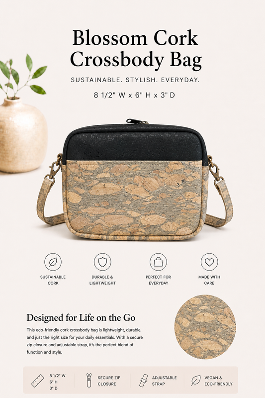Blossom Cork Crossbody Bag - Handmade - Vegan -  Adjustable Strap