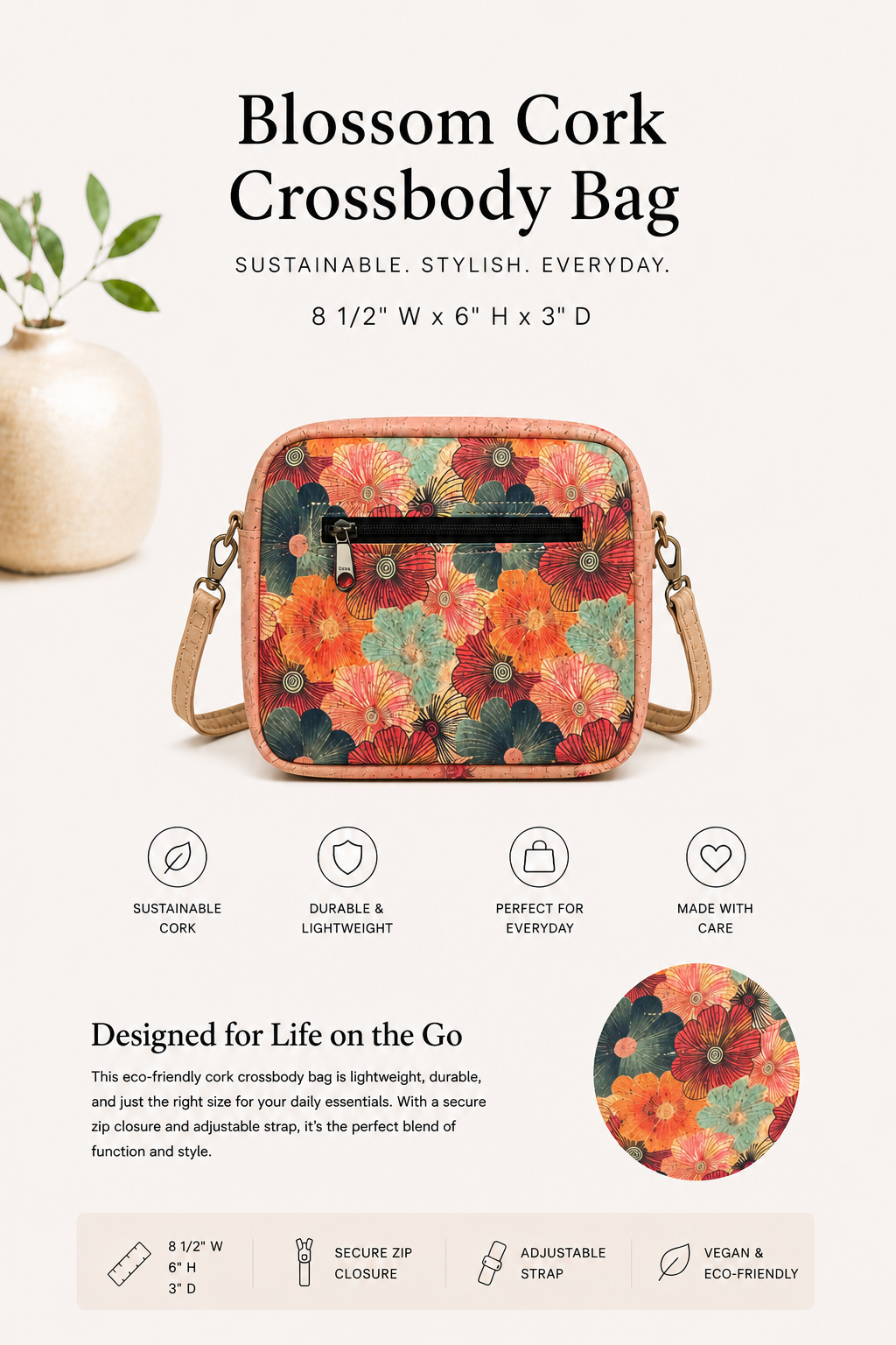 Blossom Cork Crossbody Bag - Handmade - Vegan -  Adjustable Strap