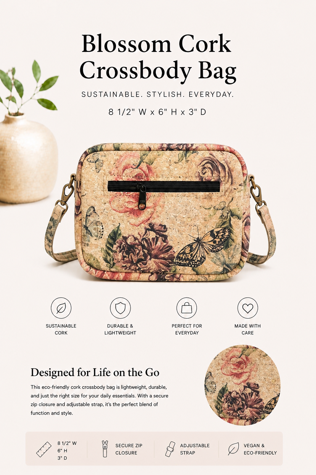 Blossom Cork Crossbody Bag - Handmade - Vegan -  Adjustable Strap