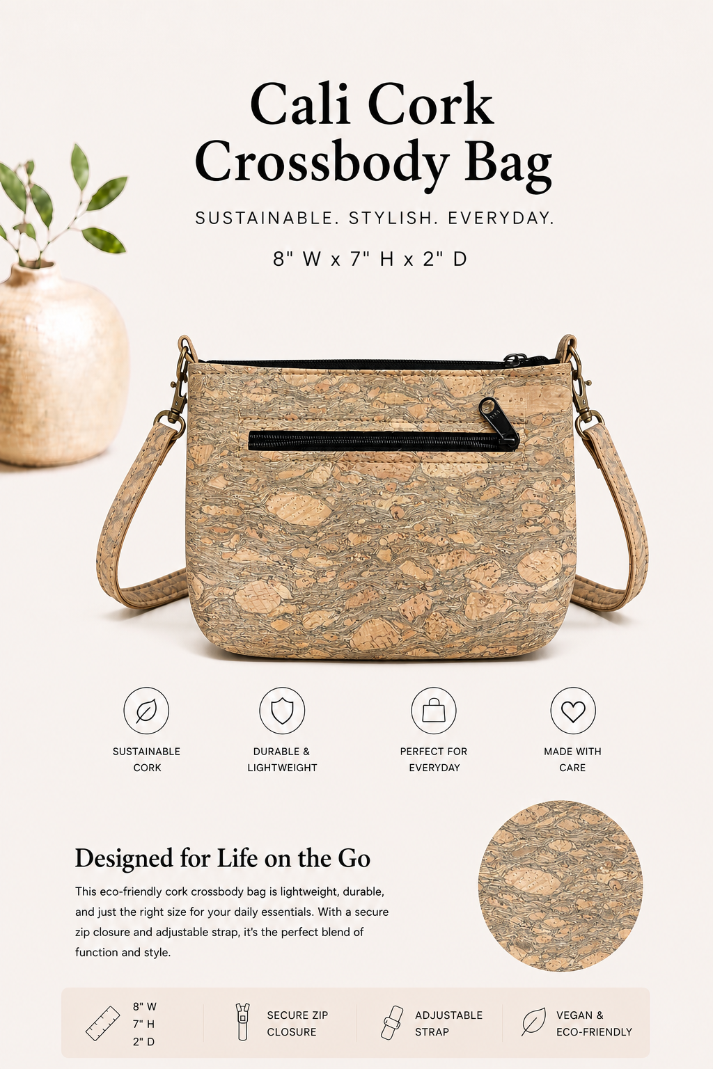 Cali Cork Crossbody Bag – Handmade - Vegan - Purse