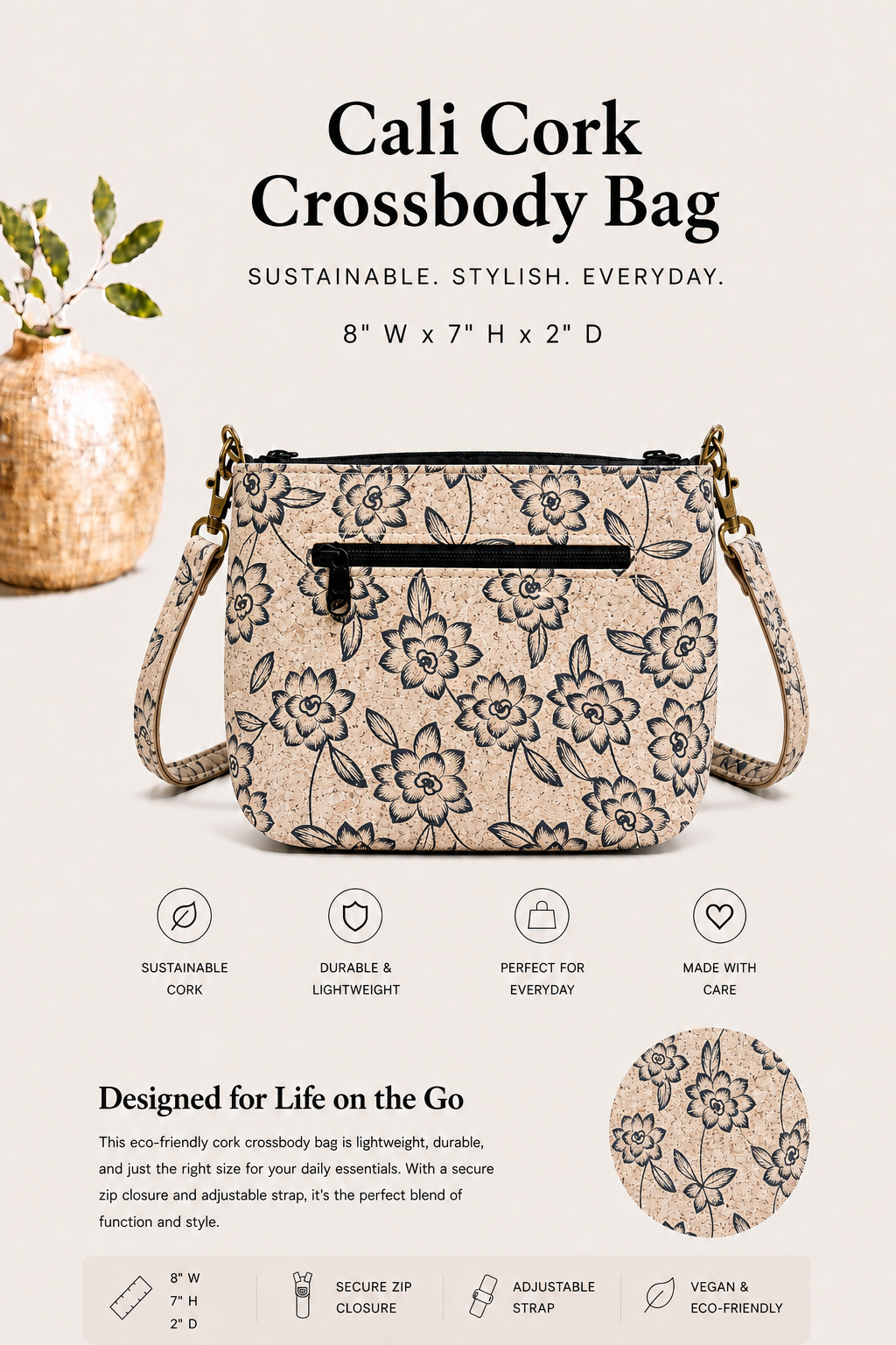 Cali Cork Crossbody Bag – Handmade - Vegan - Purse