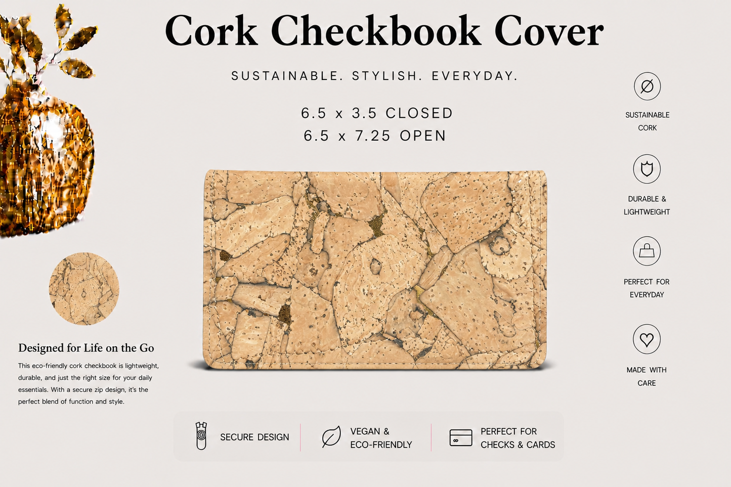 Checkbook Cork Cover - Vegan - Handmade - Sustainable