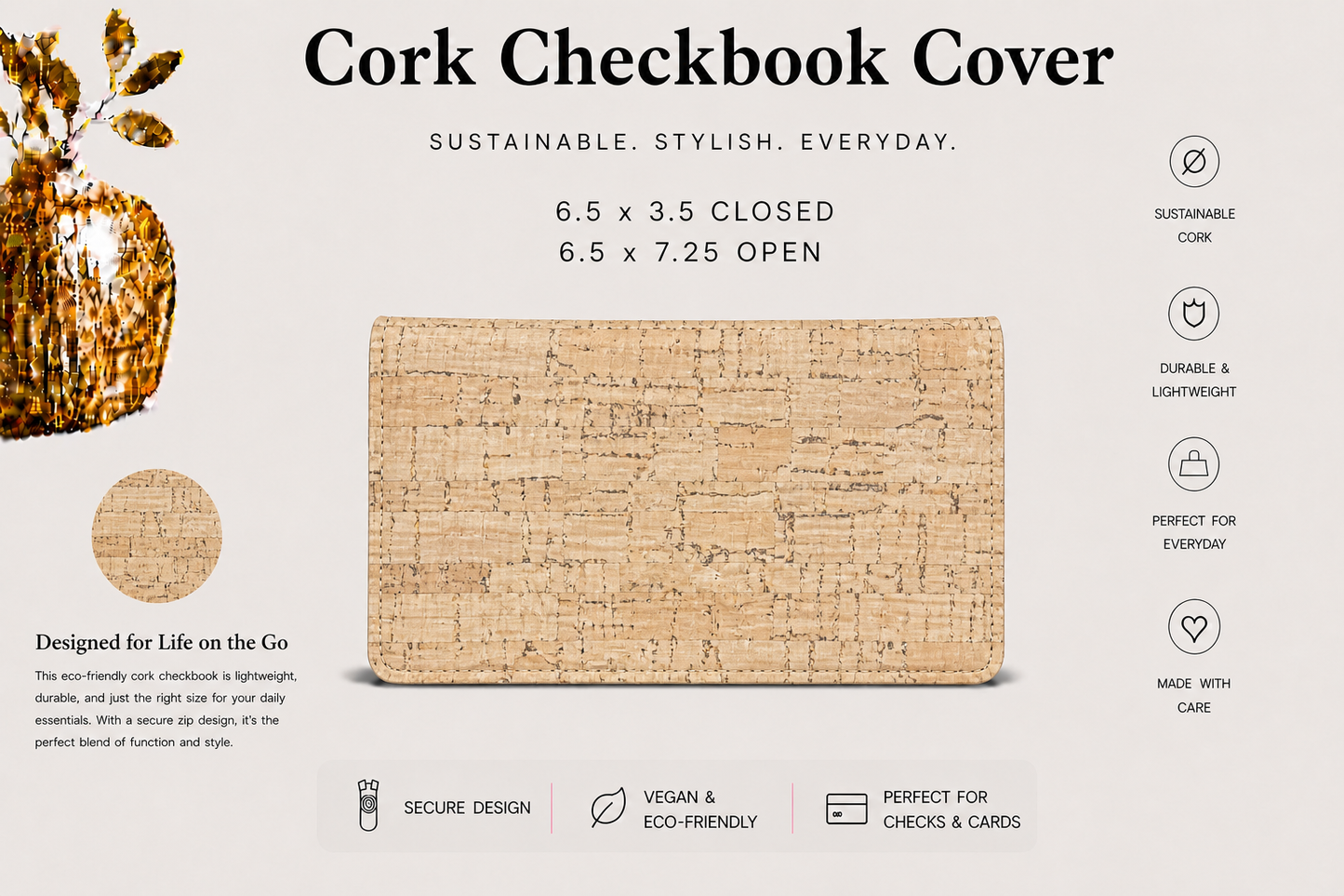 Checkbook Cork Cover - Vegan - Handmade - Sustainable