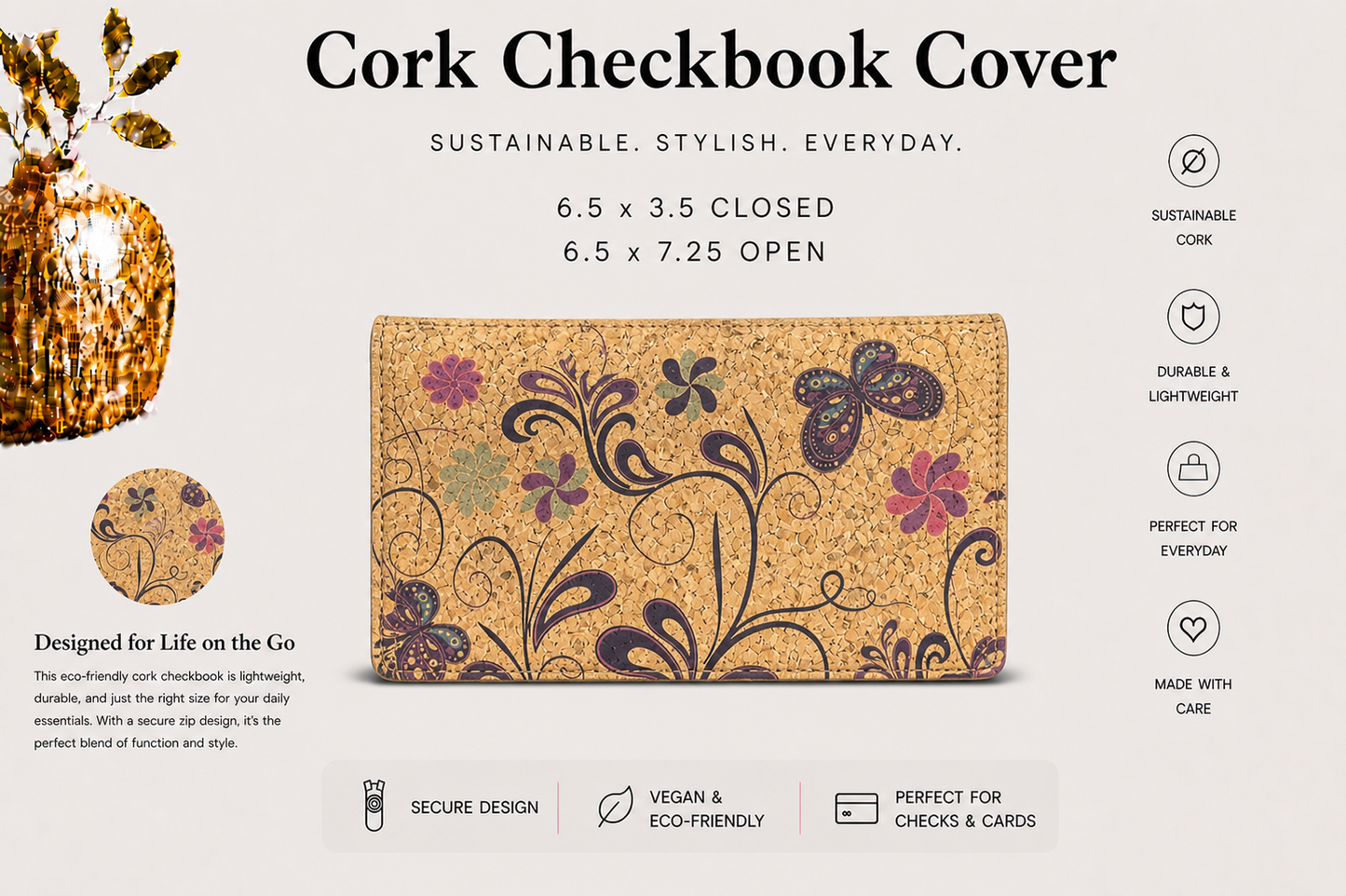 Checkbook Cork Cover - Vegan - Handmade - Sustainable