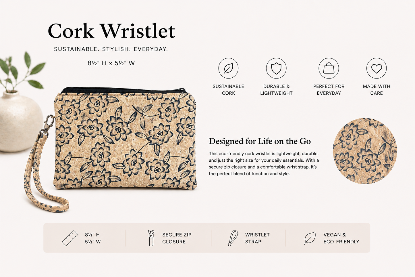 Clutch/Wristlet - Cork - Handmade - Vegan- Choose your Fabric