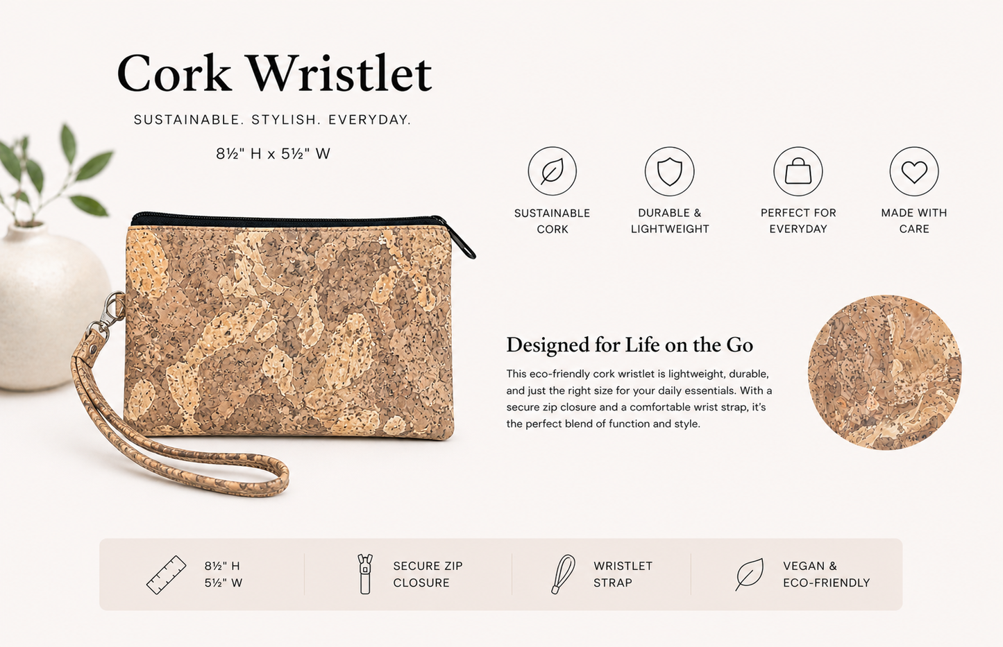 Clutch/Wristlet - Cork - Handmade - Vegan- Choose your Fabric