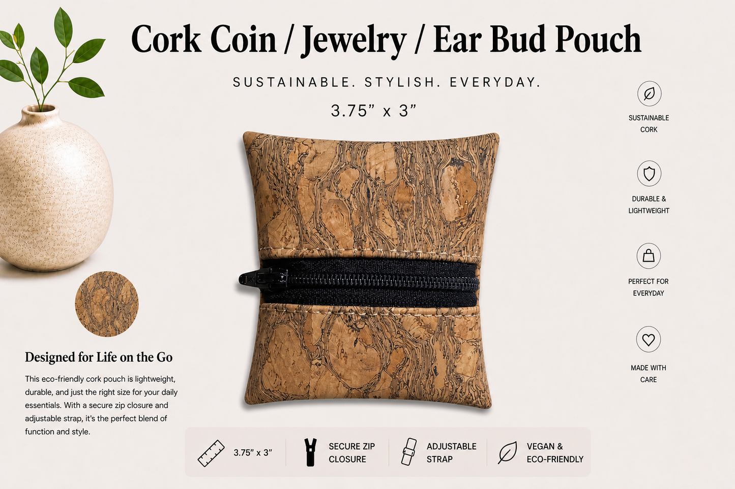 Coin//Jewelry/Earbud Cork Pouches- Vegan - Handmade - Sustainable