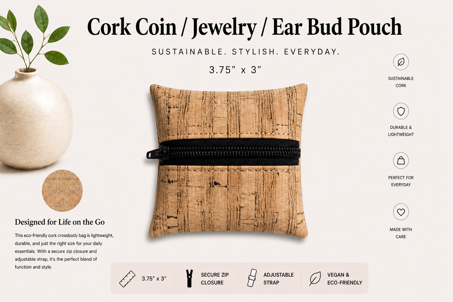 Coin//Jewelry/Earbud Cork Pouches- Vegan - Handmade - Sustainable