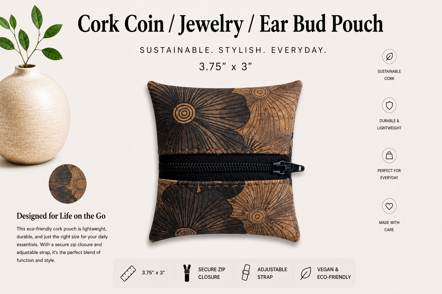 Coin//Jewelry/Earbud Cork Pouches- Vegan - Handmade - Sustainable