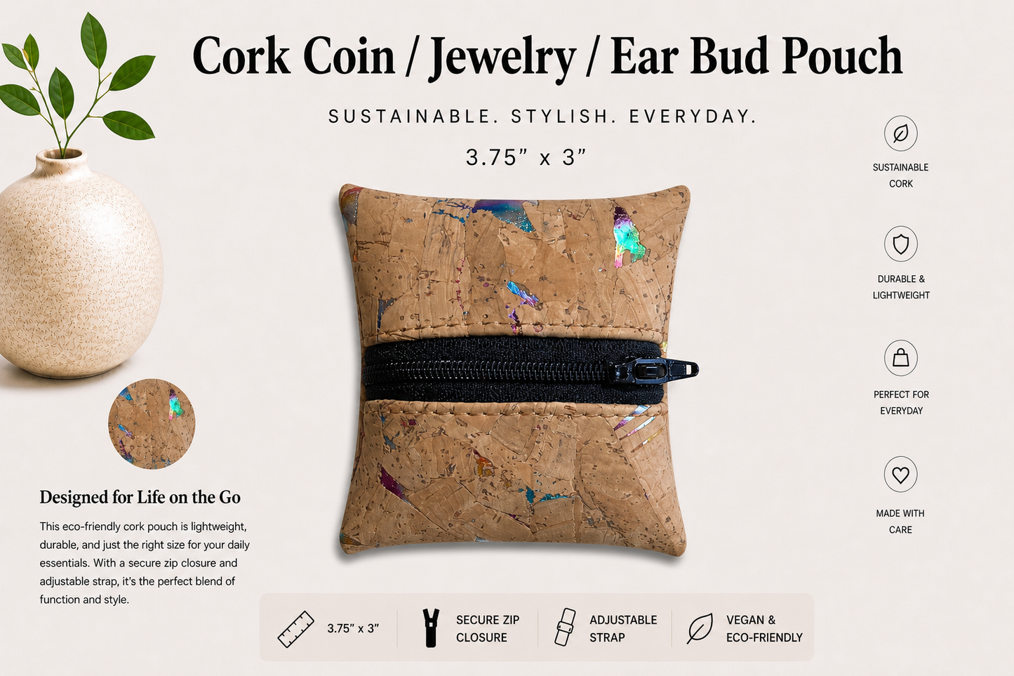 Coin//Jewelry/Earbud Cork Pouches- Vegan - Handmade - Sustainable