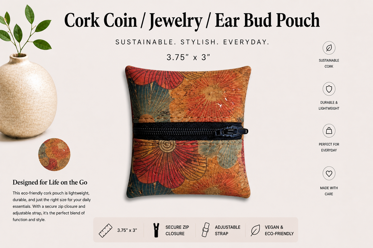 Coin//Jewelry/Earbud Cork Pouches- Vegan - Handmade - Sustainable