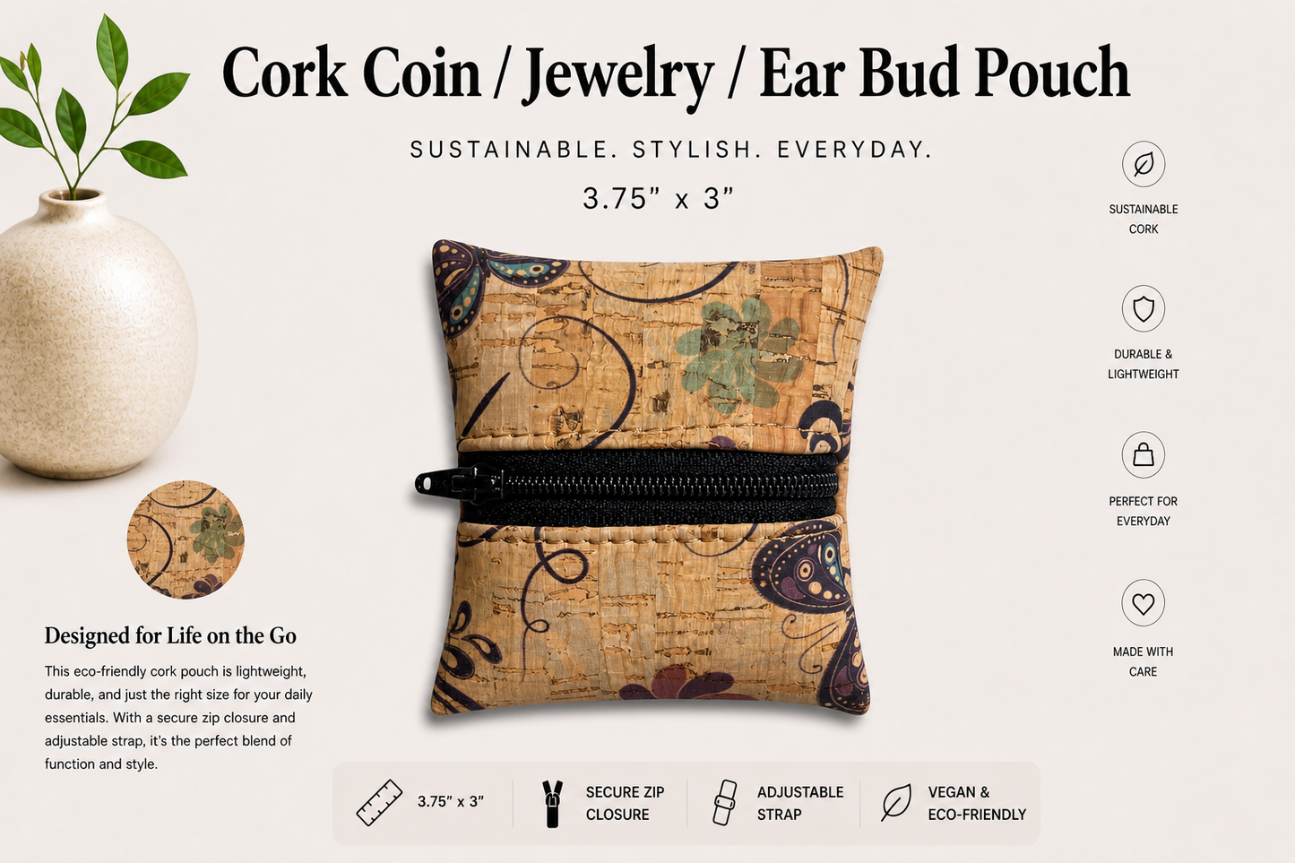 Coin//Jewelry/Earbud Cork Pouches- Vegan - Handmade - Sustainable