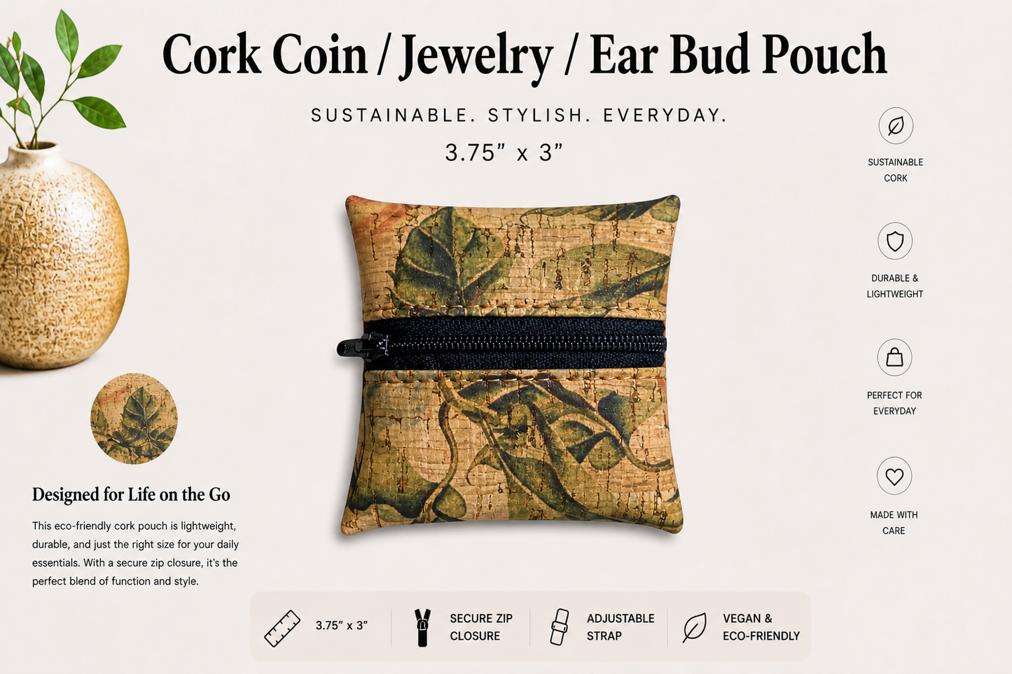 Coin//Jewelry/Earbud Cork Pouches- Vegan - Handmade - Sustainable