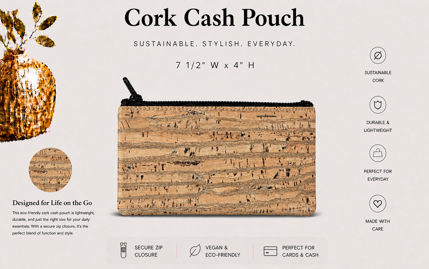 Cash/Pencil Pouch - Cork -Handmade – Vegan Coin & Jewelry Travel Pouch