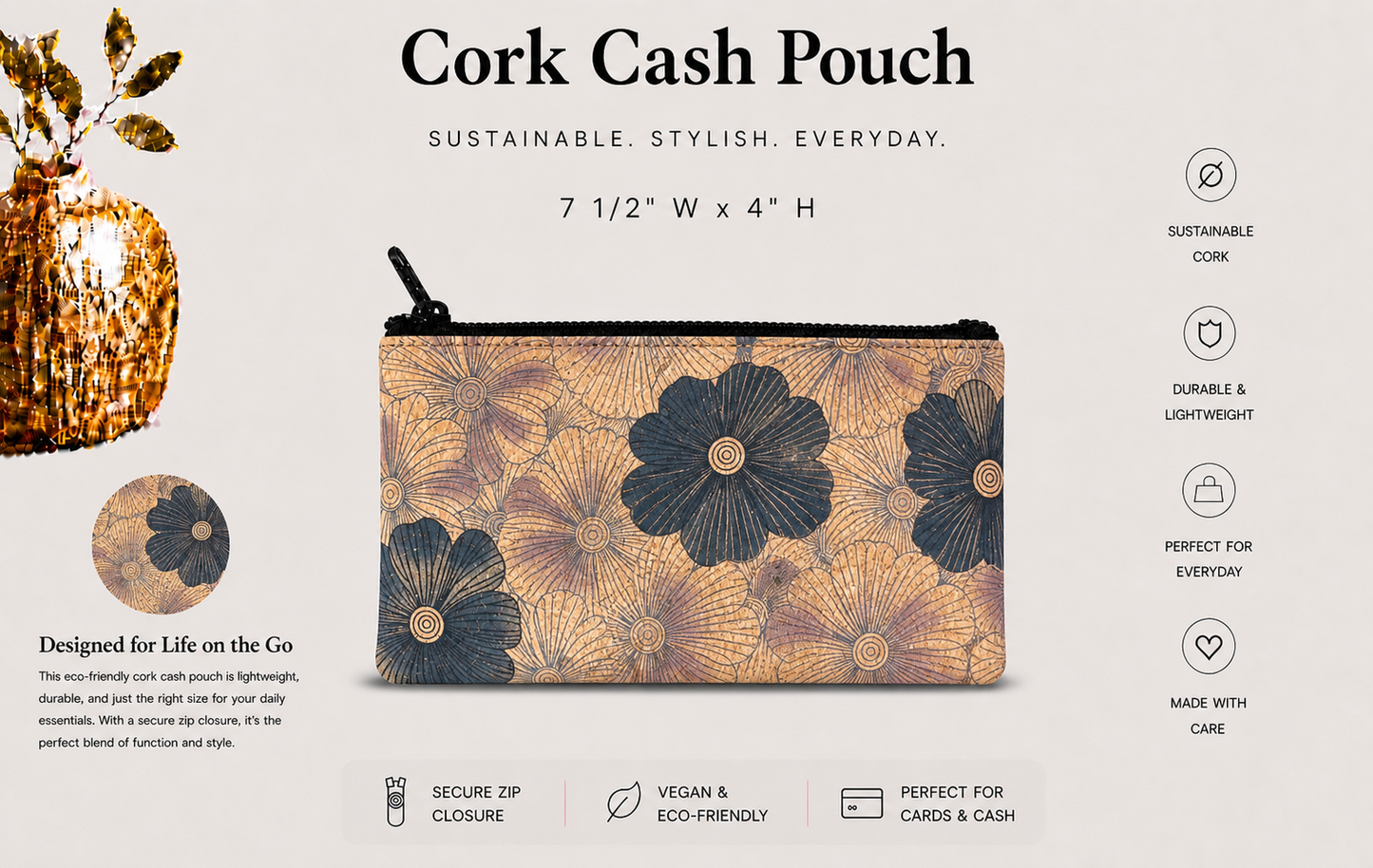 Cash/Pencil Pouch - Cork -Handmade – Vegan Coin & Jewelry Travel Pouch
