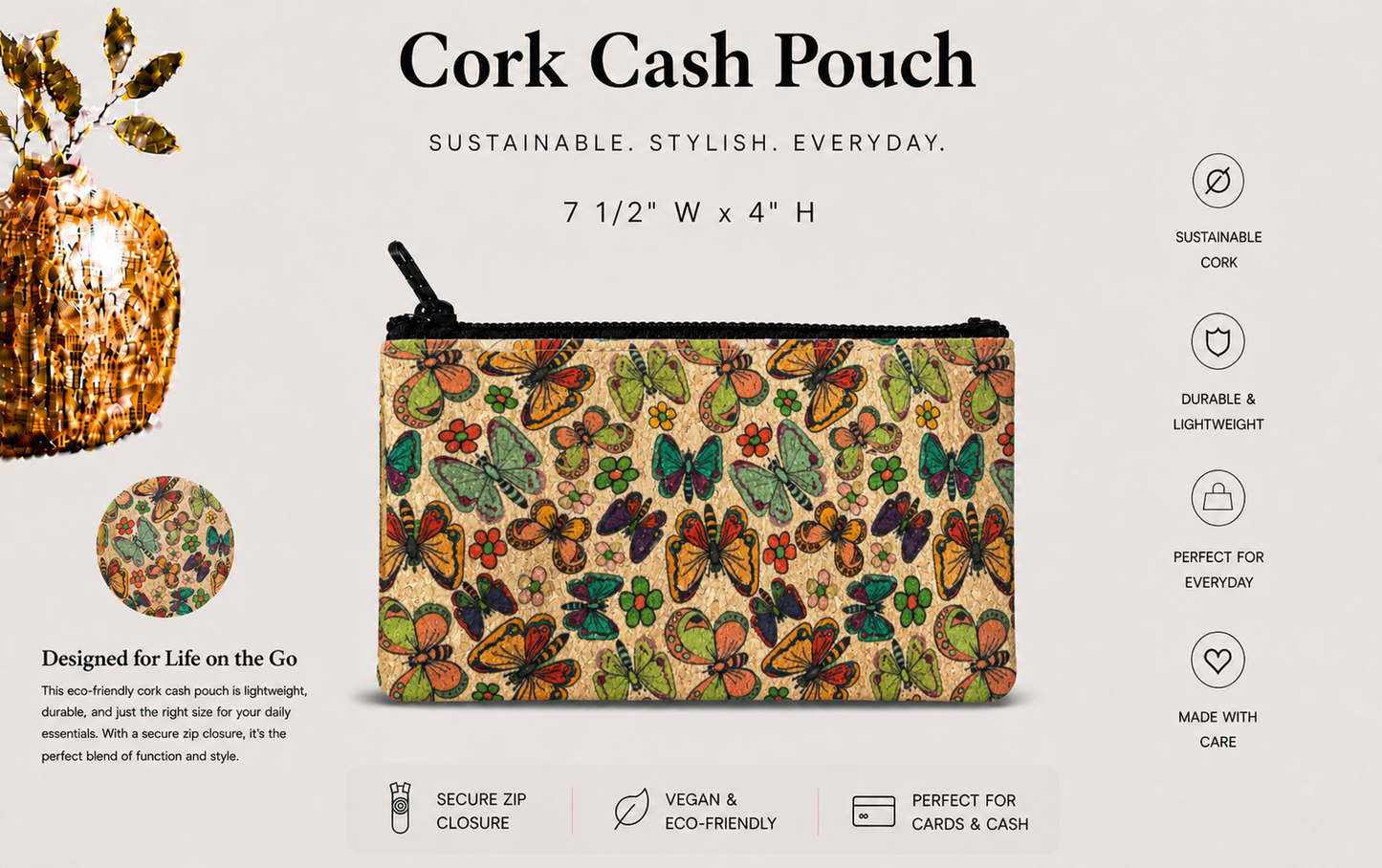 Cash/Pencil Pouch - Cork -Handmade – Vegan Coin & Jewelry Travel Pouch
