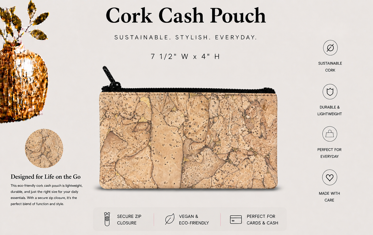 Cash/Pencil Pouch - Cork -Handmade – Vegan Coin & Jewelry Travel Pouch