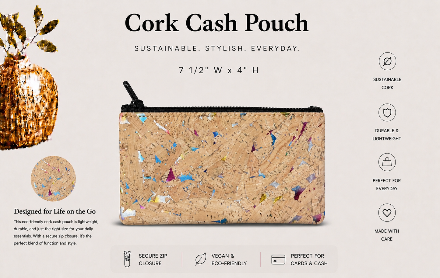 Cash/Pencil Pouch - Cork -Handmade – Vegan Coin & Jewelry Travel Pouch