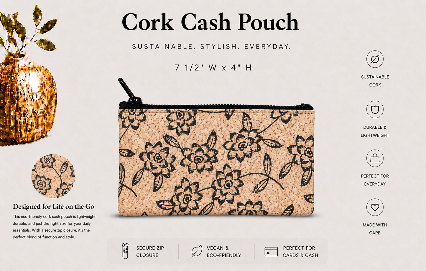 Cash/Pencil Pouch - Cork -Handmade – Vegan Coin & Jewelry Travel Pouch