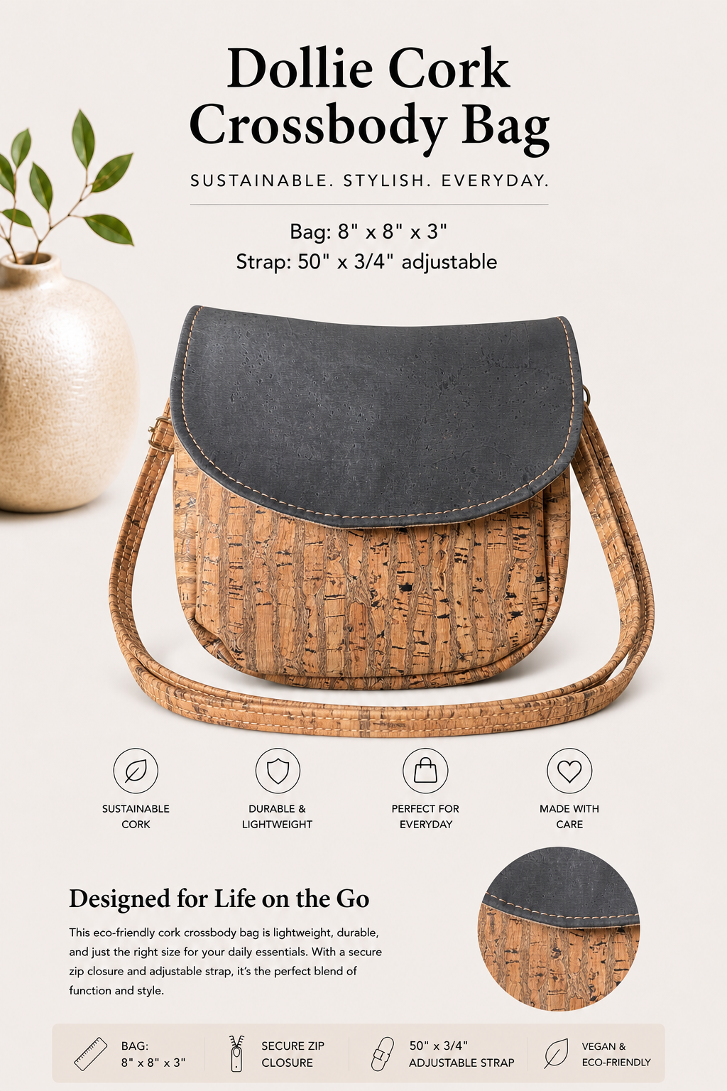 Dollie Cork Crossbody Bag – Handmade - Vegan - Adjustable Strap