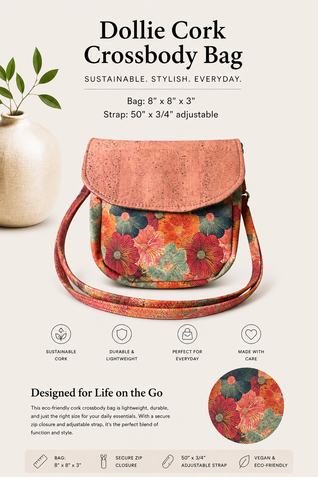 Dollie Cork Crossbody Bag – Handmade - Vegan - Adjustable Strap