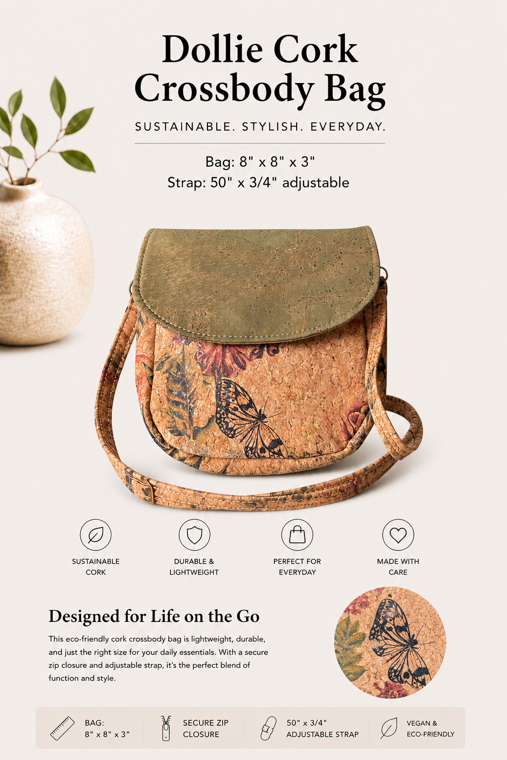 Dollie Cork Crossbody Bag – Handmade - Vegan - Adjustable Strap