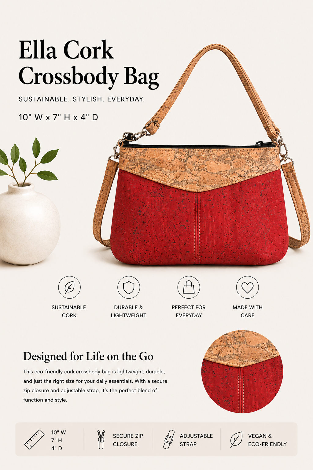Ella Cork Crossbody Bag - Vegan - Handmade - Sustainable - Adjustable Strap