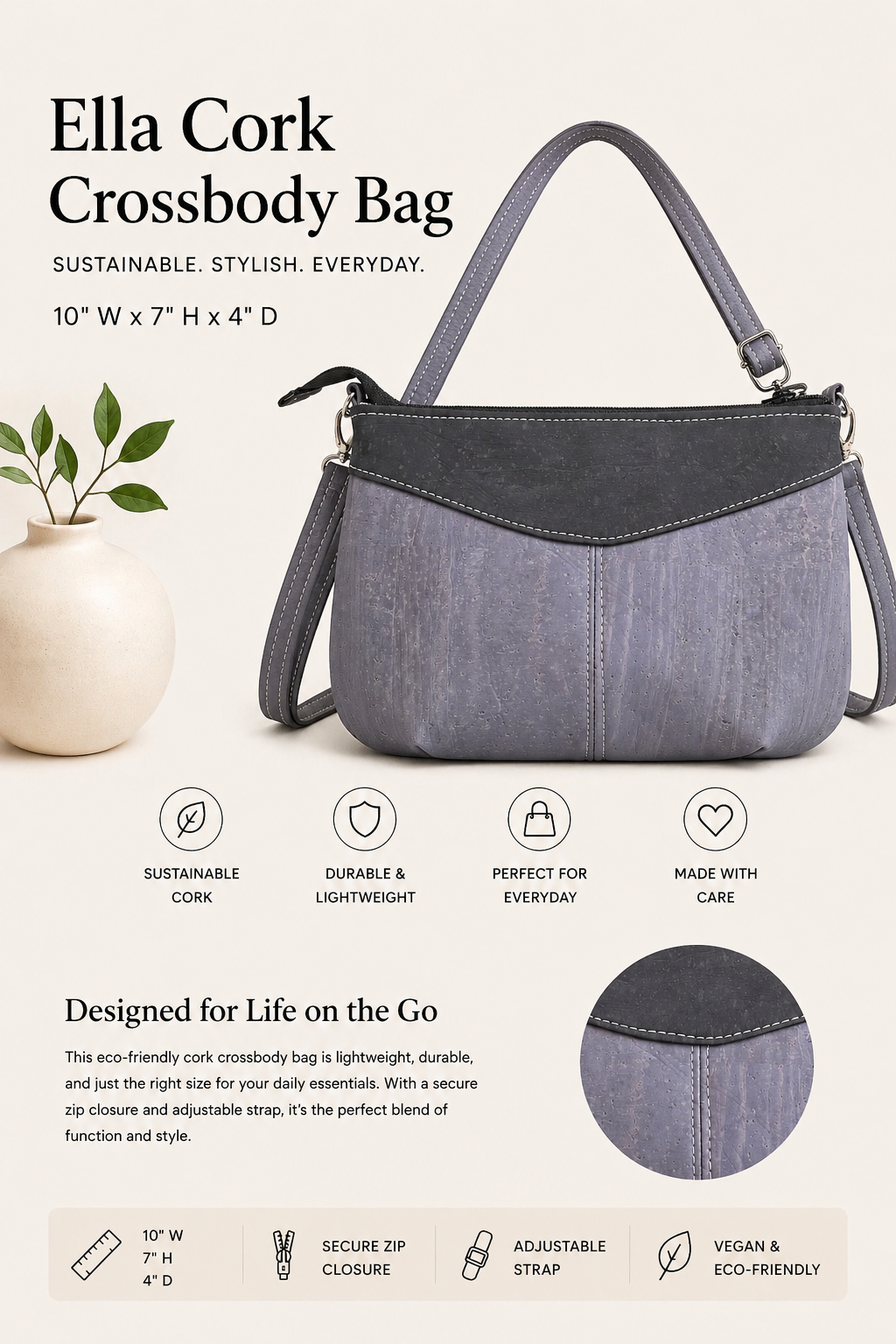Ella Cork Crossbody Bag - Vegan - Handmade - Sustainable - Adjustable Strap