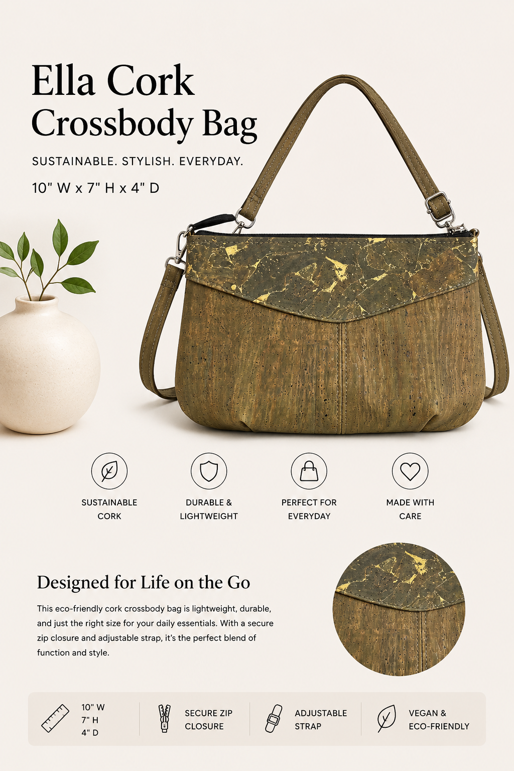 Ella Cork Crossbody Bag - Vegan - Handmade - Sustainable - Adjustable Strap