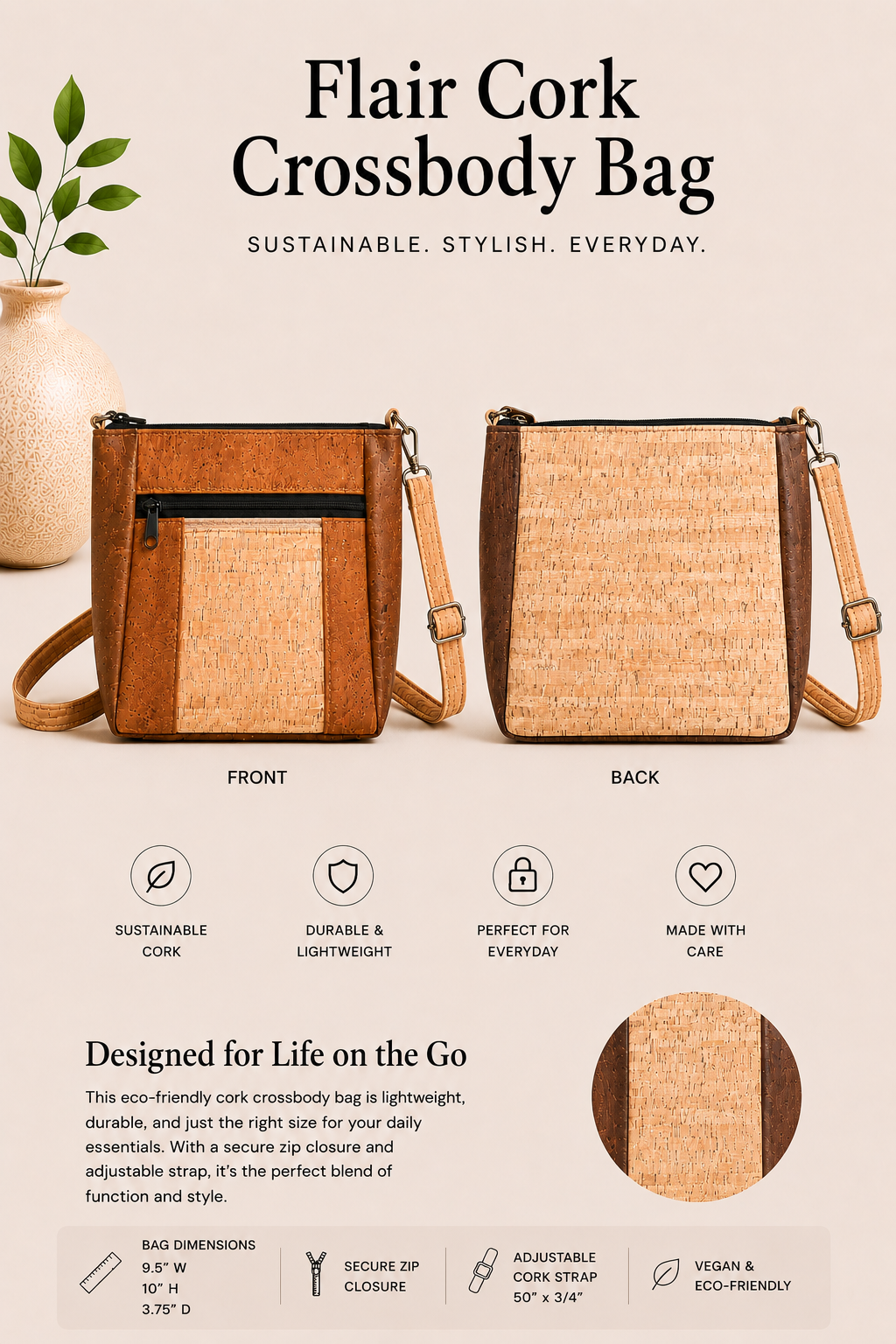 Flair Cork Crossbody Bag - Vegan - Handmade - Shoulder Bag - w/Adjustable Cork Strap