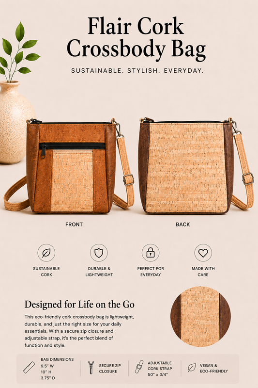Flair Cork Crossbody Bag - Vegan - Handmade - Shoulder Bag - w/Adjustable Cork Strap