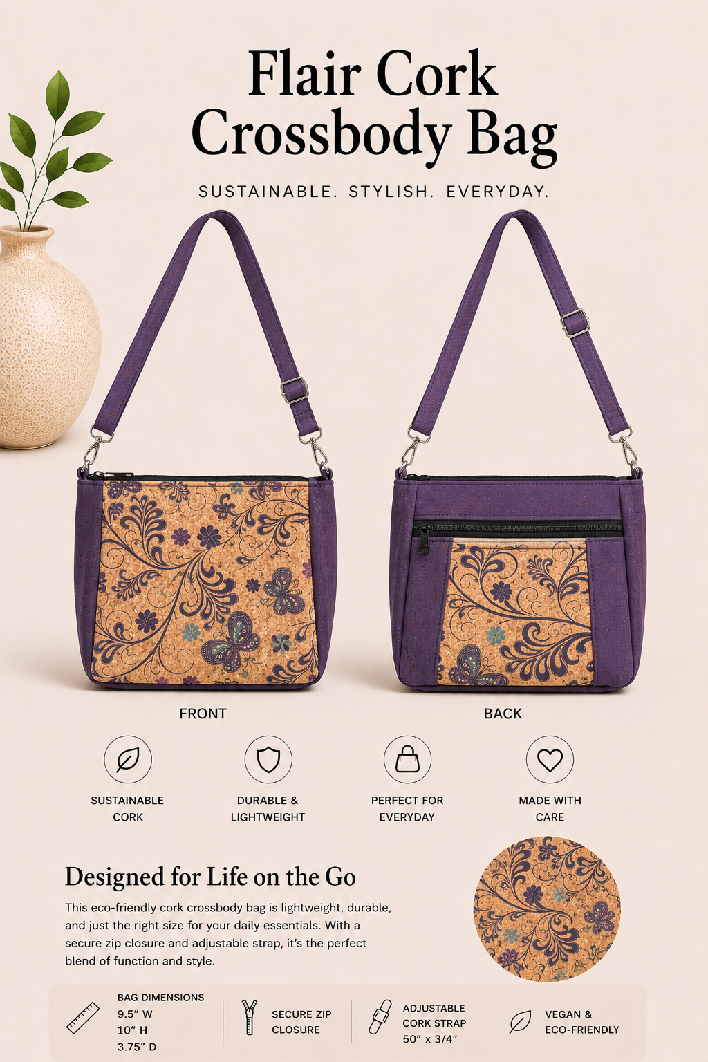 Flair Cork Crossbody Bag - Vegan - Handmade - Shoulder Bag - w/Adjustable Cork Strap
