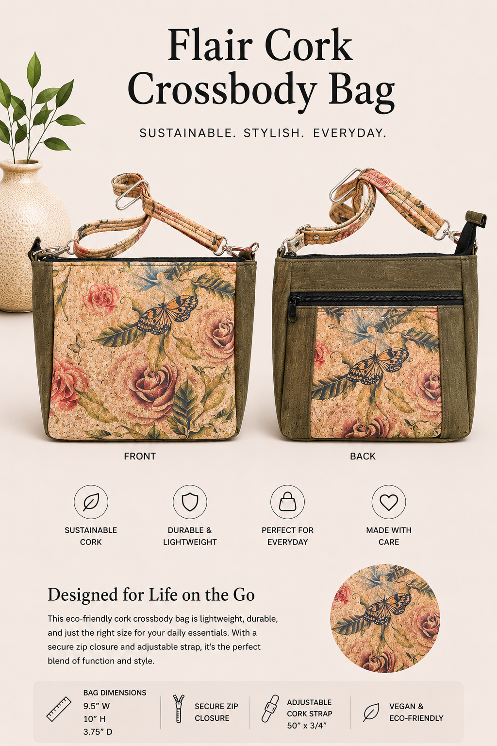 Flair Cork Crossbody Bag - Vegan - Handmade - Shoulder Bag - w/Adjustable Cork Strap