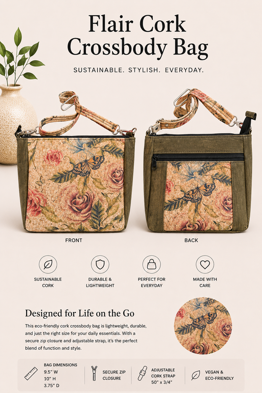 Flair Cork Crossbody Bag - Vegan - Handmade - Shoulder Bag - w/Adjustable Cork Strap