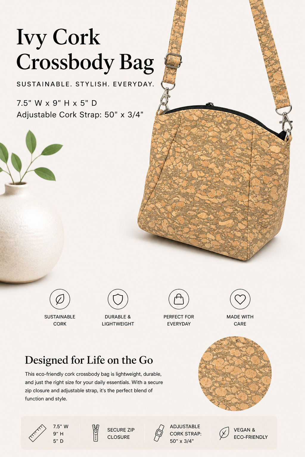 Ivy Cork Crossbody Bag - Vegan - Handmade  - w/Adjustable Strap