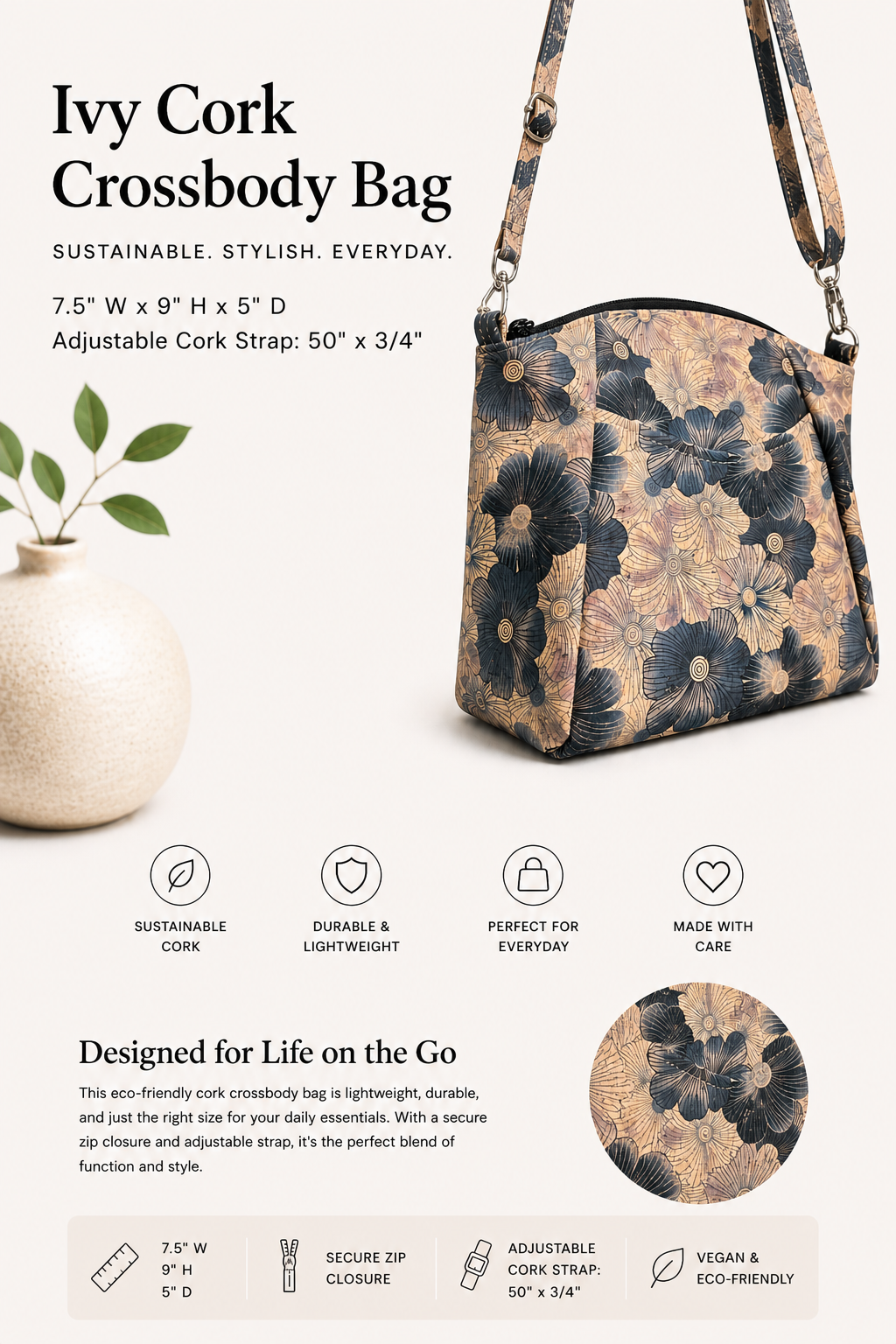 Ivy Cork Crossbody Bag - Vegan - Handmade  - w/Adjustable Strap
