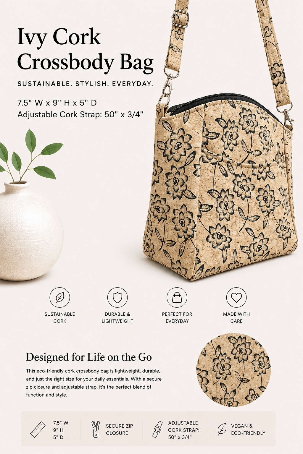 Ivy Cork Crossbody Bag - Vegan - Handmade  - w/Adjustable Strap