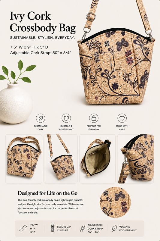 Ivy Cork Crossbody Bag - Vegan - Handmade  - w/Adjustable Strap