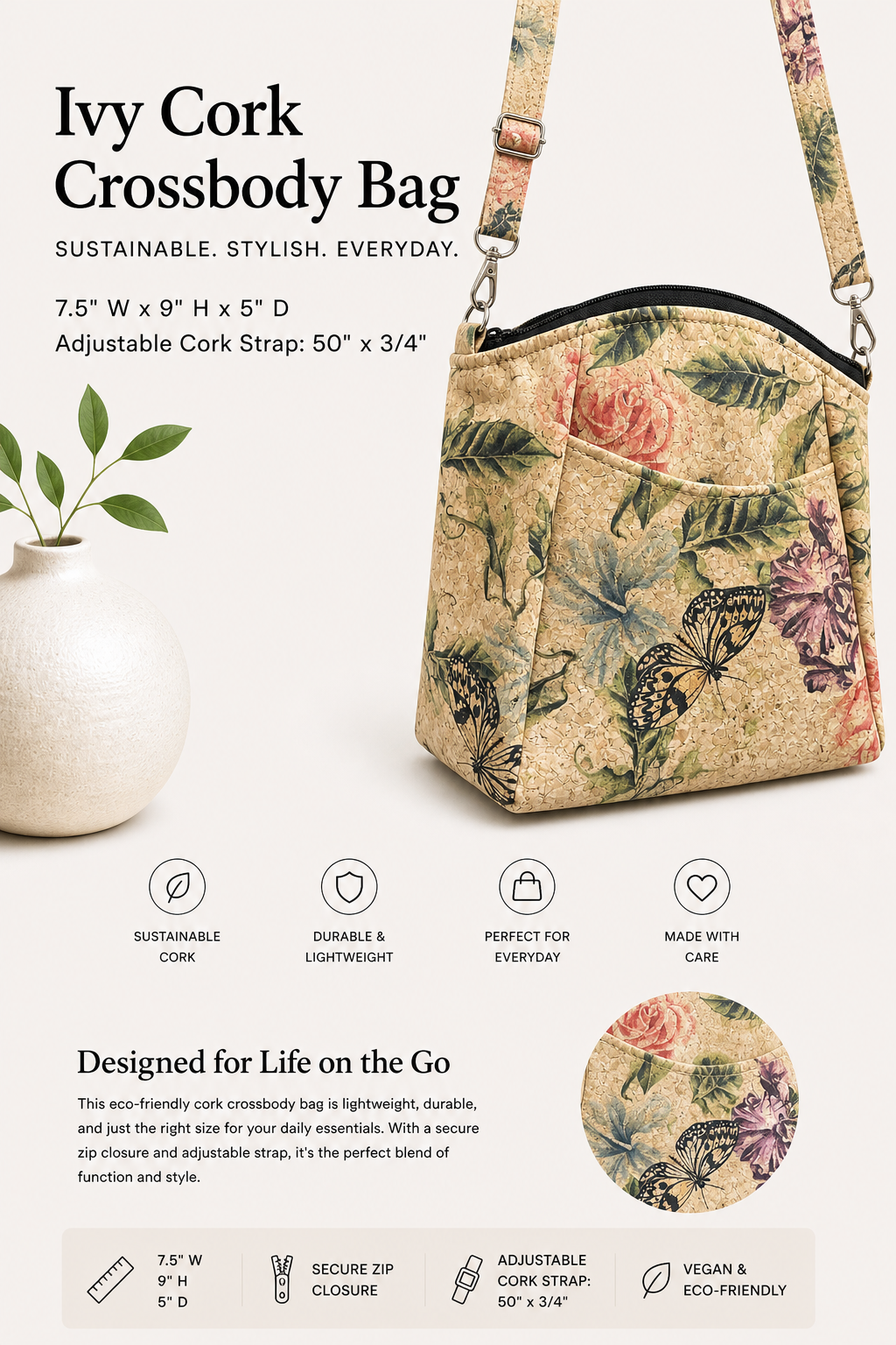 Ivy Cork Crossbody Bag - Vegan - Handmade  - w/Adjustable Strap