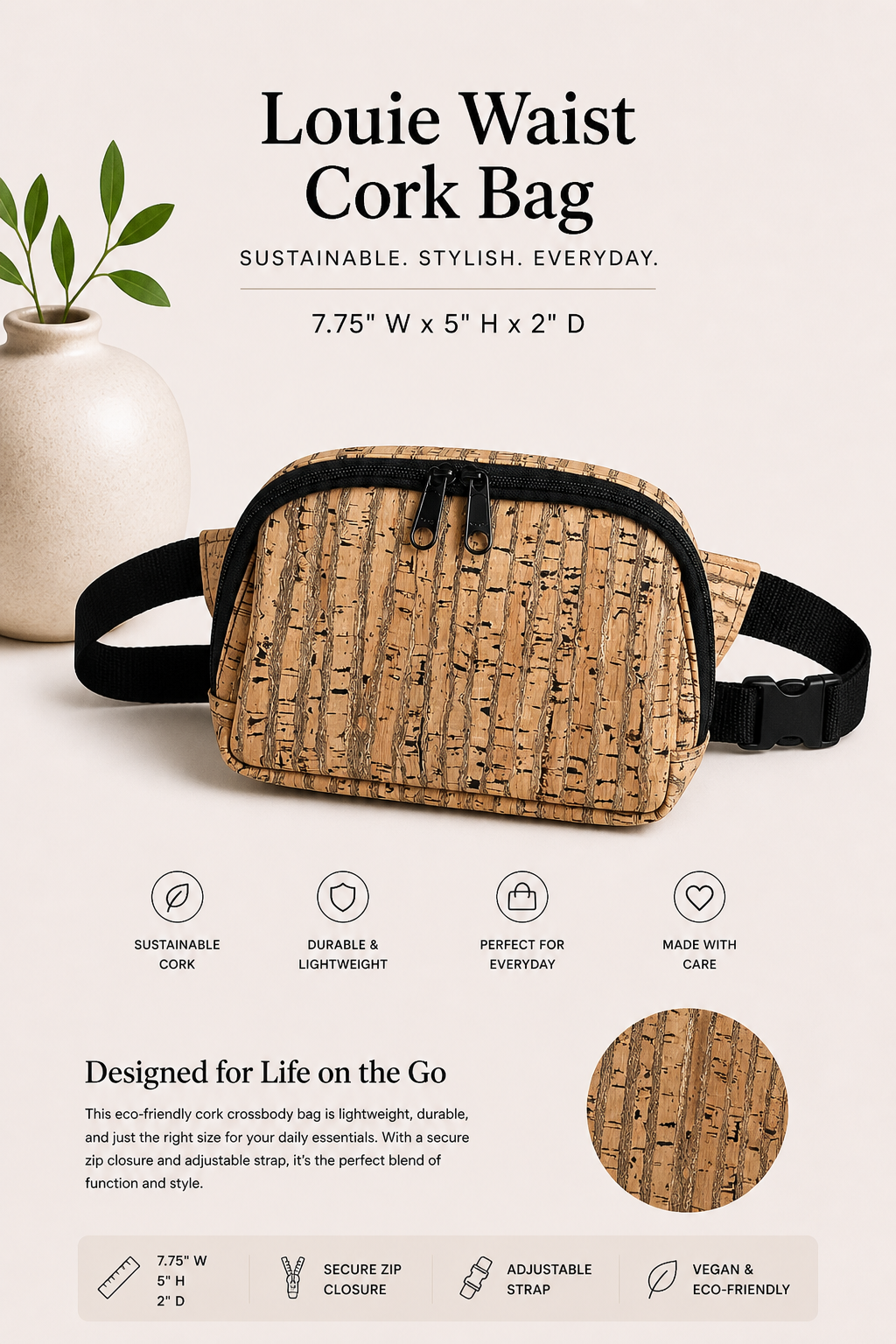 Waist Cork Bag – Handmade - Vegan - Sling - Adjustable Strap